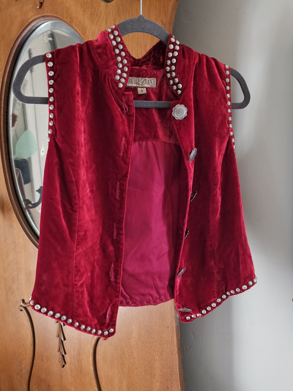 Vintage Double D Ranch Wear Red Velvet Concho Studded Western Vest S